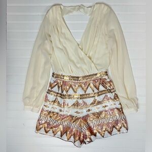Depri cream gold sequin romper shorts long sleeve open back size small